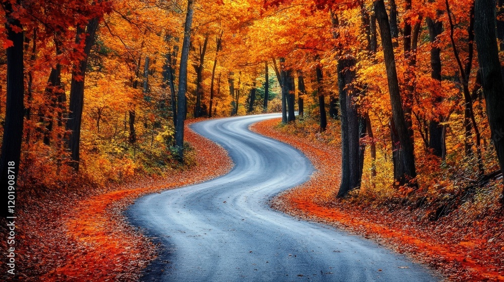 Fototapeta premium A serene shot of a winding road through a forest, lined with trees in vibrant shades of orange, red, and yellow
