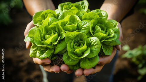 From above big green lettuce in hands on loose soft earth in garden,.  Generative AI photo