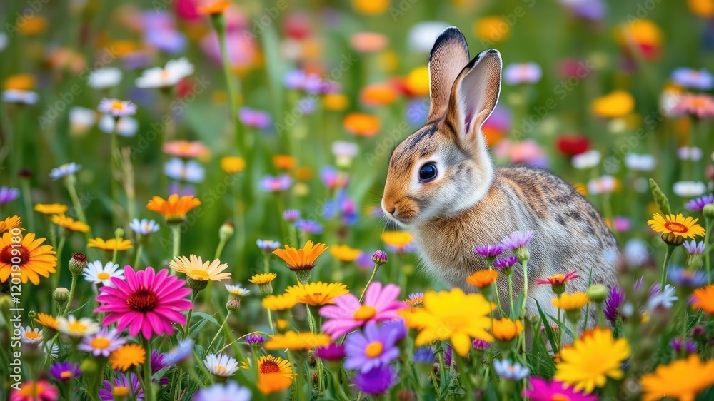 Obraz premium A curious little cottontail rabbit stands in a field of colorful wildflowers, sniffing and exploring the vibrant blooms, flowers, curiosity