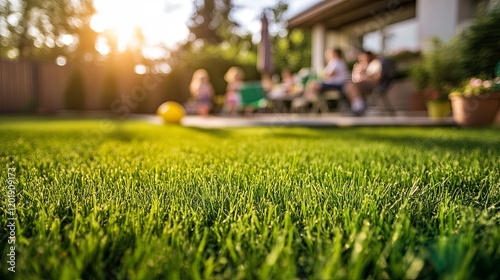 A family enjoying a barbecue in their backyard, with kids playing on freshly cut grass.