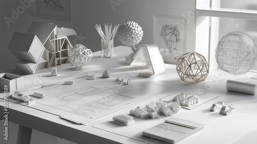 design tools, including a T-square, protractor, and sketches,