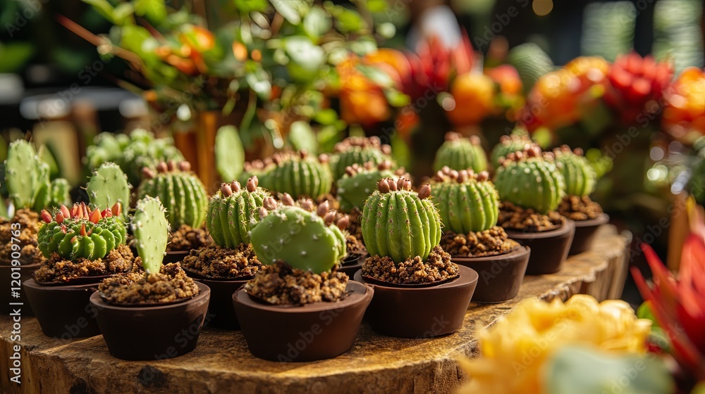 A farmers market dessert station featuring cactus sorbet on chocolate crumble bases. A farmers market dessert station featuring cactus sorbet on chocolate crumble bases.