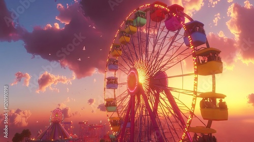 A Ferris wheel with its bright colored gondolas against a sunset sky photo