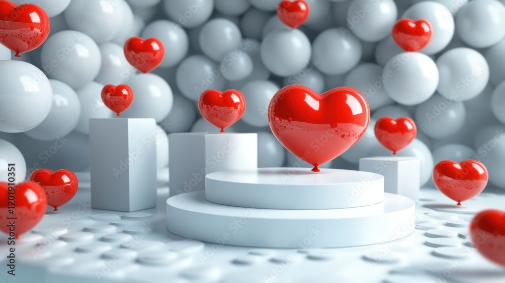 Red Heart Balloons in a White Background with 3D Elements Display Red Heart Balloons in a White Background with 3D Elements Display