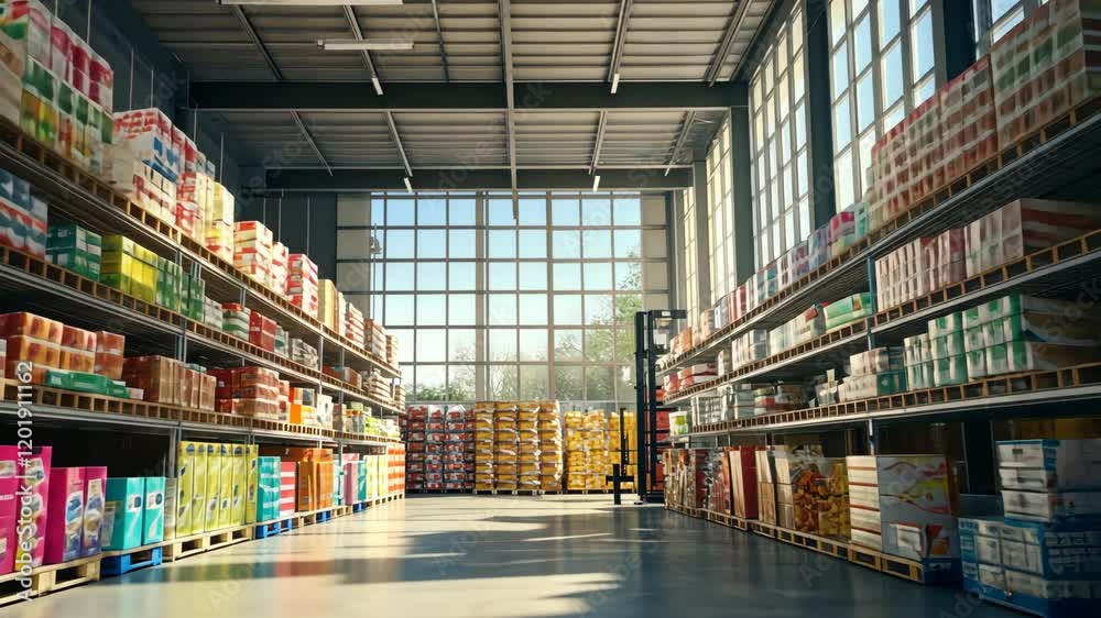 Grocery store aisle filled with shelves of canned goods. Jars and cans at self in supermarket. Retail market, food storage, warehouse management.