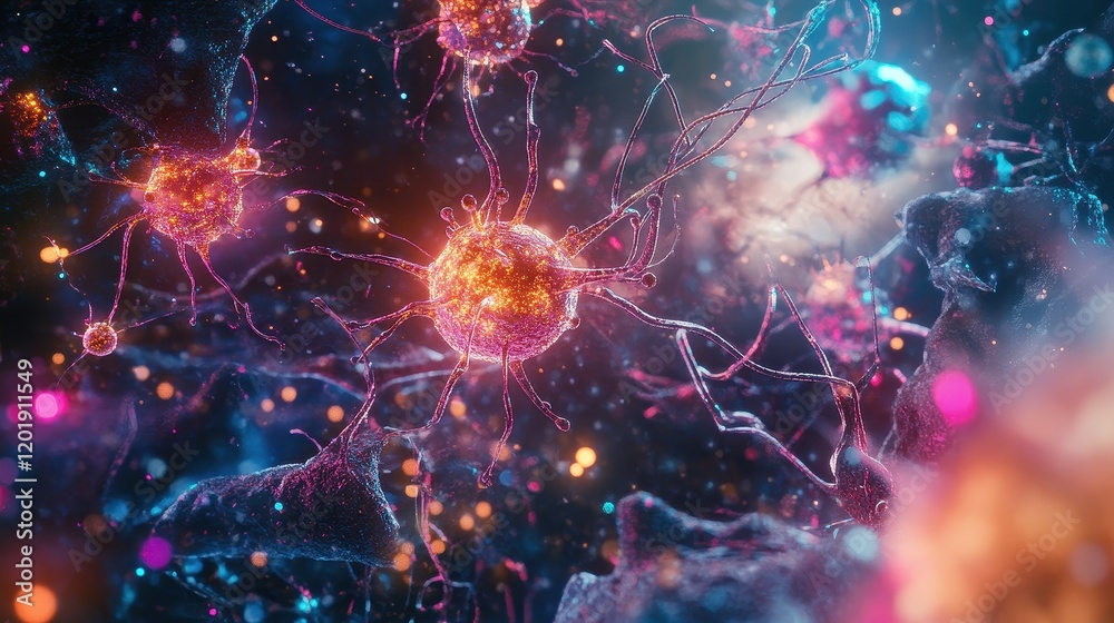 Fototapeta premium Virus particles interacting with human cells, [virus, medical breakthrough, research concept], [scientific realism, intricate detail, vibrant lighting]