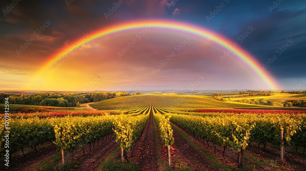 Fototapeta premium Autumn Vineyard Landscape With A Vibrant Rainbow Arcing Overhead