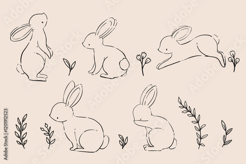 Line Art Bunny and Floral Illustration. Hand Drawn Rabbits. Cute Bunny Rabbit Outline Sketch. Easter Bunny Line Art.