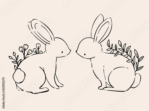 Line Art Bunny and Floral Illustration. Hand Drawn Rabbits. Cute Bunny Rabbit Outline Sketch. Easter Bunny Line Art.