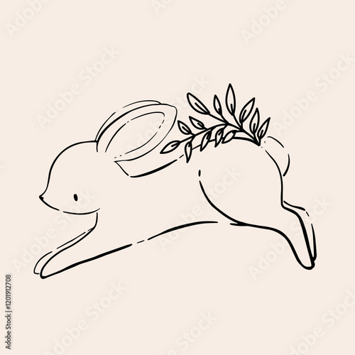 Line Art Bunny and Floral Illustration. Hand Drawn Rabbits. Cute Bunny Rabbit Outline Sketch. Easter Bunny Line Art.