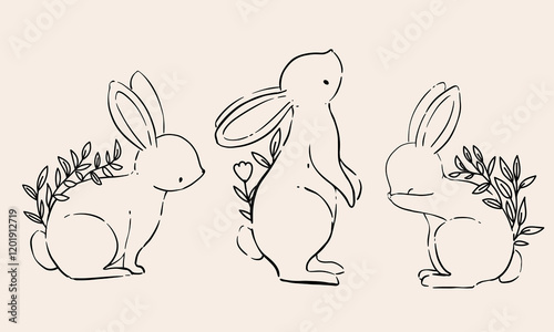 Line Art Bunny and Floral Illustration. Hand Drawn Rabbits. Cute Bunny Rabbit Outline Sketch. Easter Bunny Line Art.