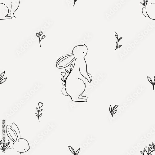 Line Art Bunny and Floral Seamless Pattern. Hand Drawn Outline Rabbit Illustration.