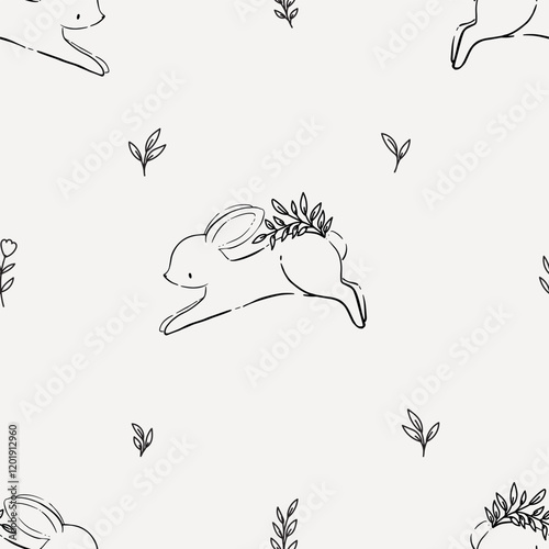 Line Art Bunny and Floral Seamless Pattern. Hand Drawn Outline Rabbit Illustration.