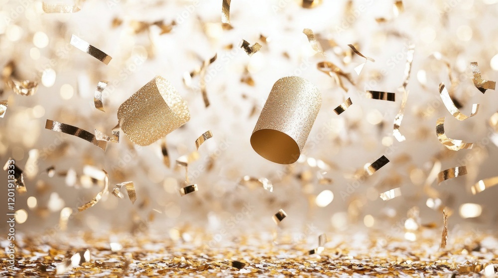 Shimmering Gold Confetti and Streamers Falling Over a Golden Background