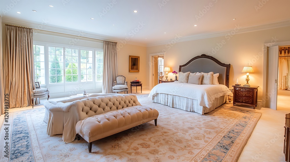 Fototapeta premium Spacious luxury bedroom featuring soft pastel tones and highend linens