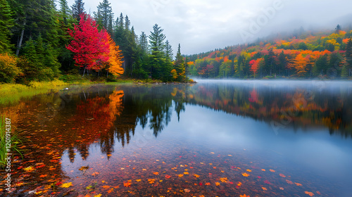 A peaceful lake surrounded by colorful autumn trees, with the water reflecting the vivid colors of the foliage under soft morning light
