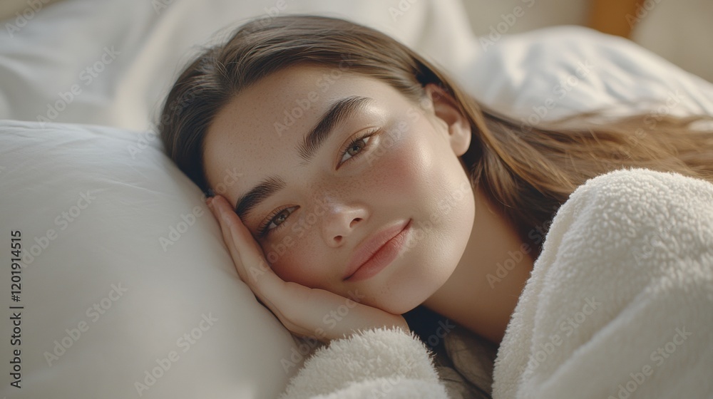 Serene Young Woman Relaxing in Cozy Bed with Soft Blankets
