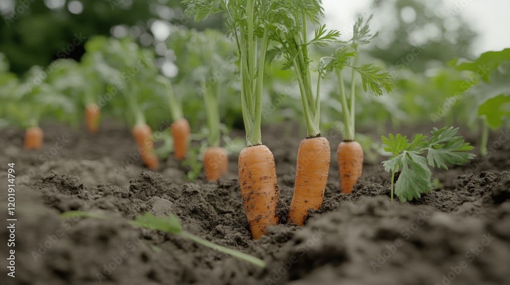 Fresh Carrots Growing in Soil on a Sunny Farm Field Fresh Carrots Growing in Soil on a Sunny Farm Field