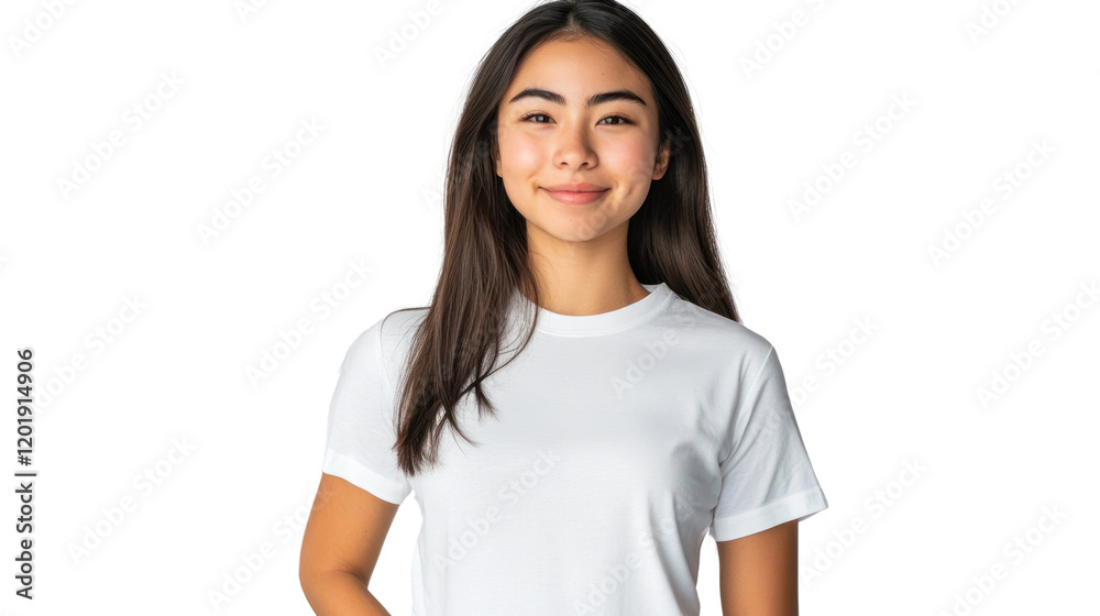 A young woman smiles confidently in a plain white t-shirt, exuding a sense of warmth and approachability, ideal for various lifestyle concepts. A young woman smiles confidently in a plain white t-shirt, exuding a sense of warmth and approachability, ideal for various lifestyle concepts.