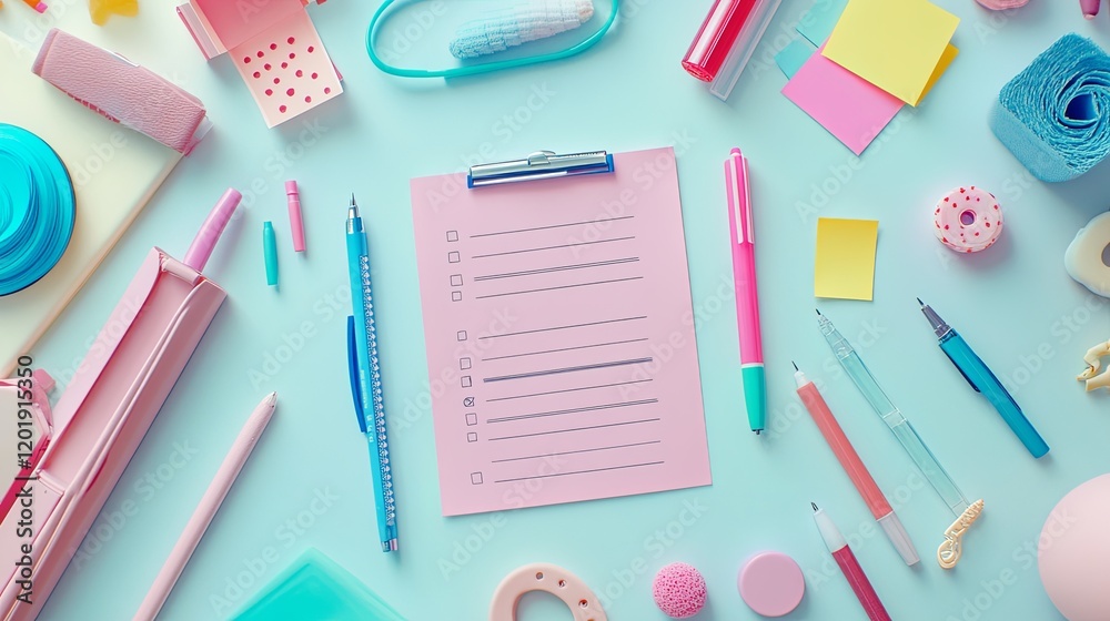 A flat lay of a to-do list with colorful pens and sticky notes on a light desk. A flat lay of a to-do list with colorful pens and sticky notes on a light desk.
