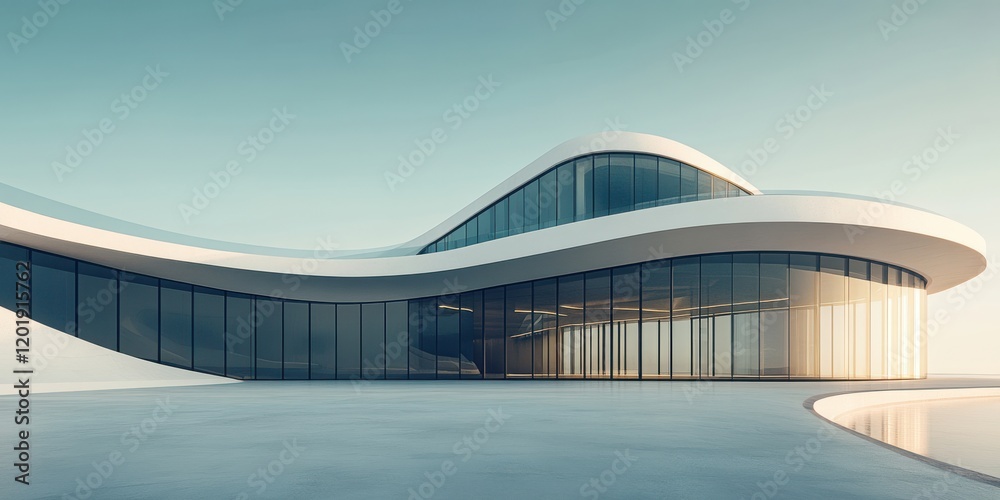 Fototapeta premium Modern Minimalist Architecture Featuring Curved Facade and Expansive Windows Reflecting Natural Light in a Serene Landscape Setting