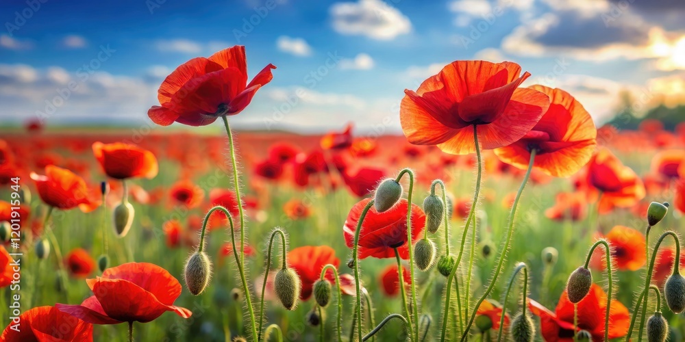 Fototapeta premium A field of red poppies swaying gently in the breeze on a warm summer day, field of flowers, floral arrangement