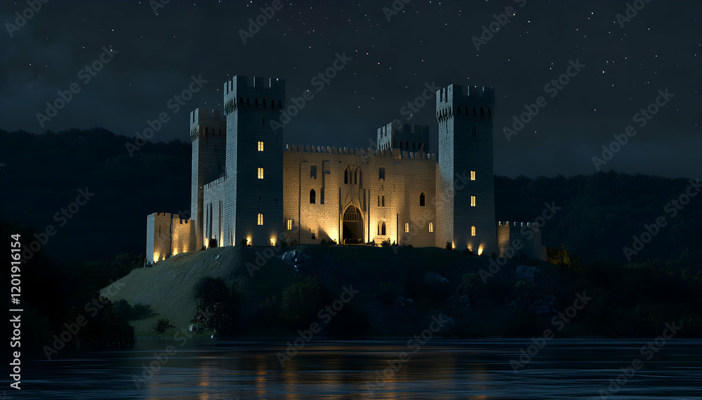Majestic medieval castle illuminated at night, overlooking a tranquil river under a starry sky. A picturesque scene perfect for fantasy or historical settings. Majestic medieval castle illuminated at night, overlooking a tranquil river under a starry sky. A picturesque scene perfect for fantasy or historical settings.