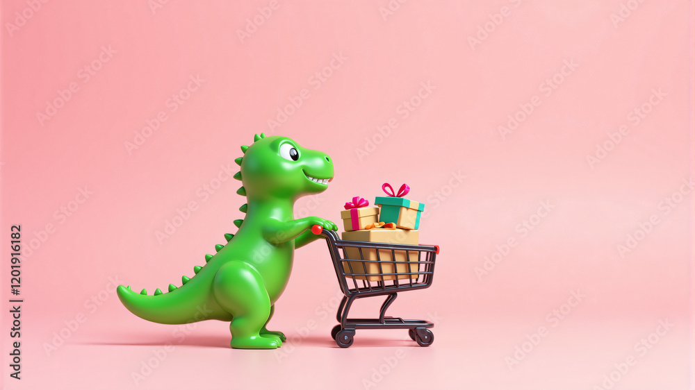 Naklejka premium A playful green dinosaur toy pushing a cart filled with colorful gifts, ideal for children.