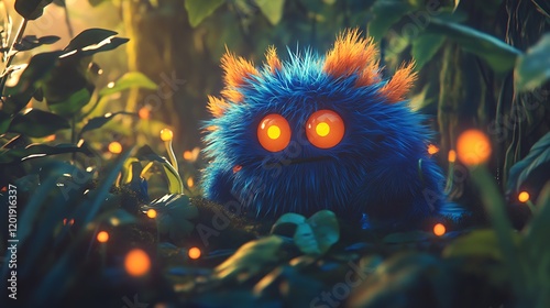 A blue and orange fluffy monster playing hide and seek in a forest filled with glowing plants