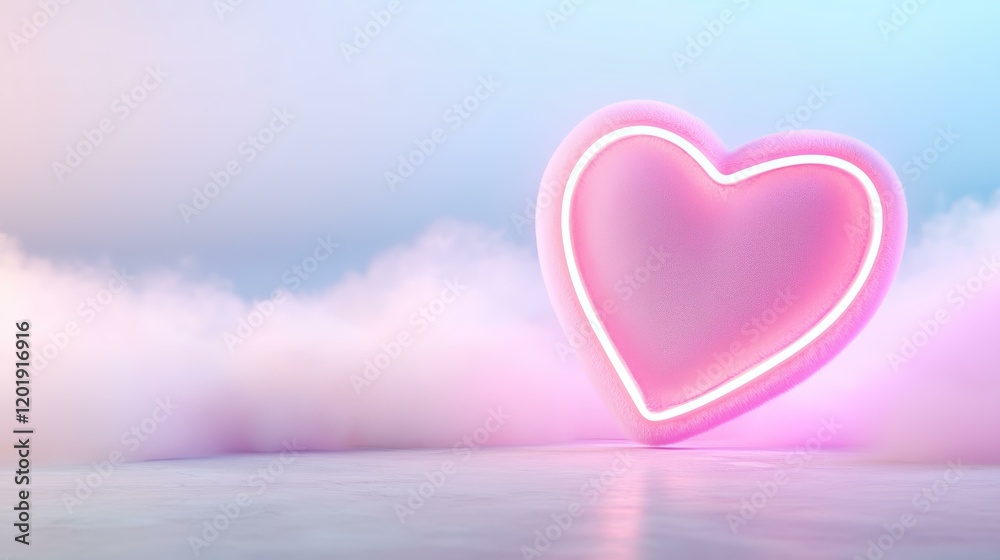 Obraz premium Glowing neon heart amidst dreamy clouds in serene pastel skies