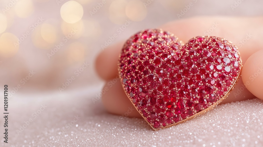 Fototapeta premium Hand holding sparkling red gem heart on glittering surface