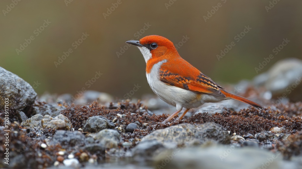 Vibrant Red Bird Standing Among Stones and Soil in Natural Habitat Vibrant Red Bird Standing Among Stones and Soil in Natural Habitat