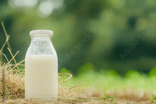 Glass bottle filled with fresh milk standing on a pile of hay with a green blurred background, representing natural and organic farming photo