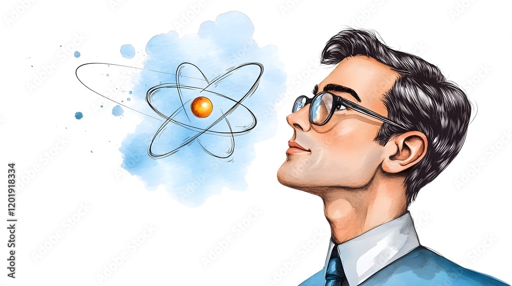 Thoughtful young man gazing at a scientific atom representation reflecting curiosity and intelligence with soft watercolor background in vibrant colors and engaging style Thoughtful young man gazing at a scientific atom representation reflecting curiosity and intelligence with soft watercolor background in vibrant colors and engaging style