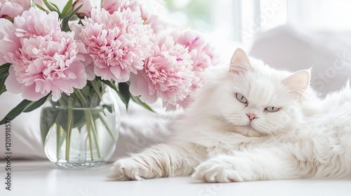 Fototapeta Naklejka Na Ścianę i Meble -  A fluffy white Persian cat lounging beside a vase of soft pink peonies on a clean white surface.