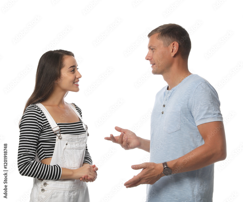 Man and woman talking on white background Man and woman talking on white background