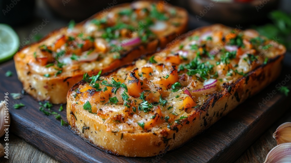 Close-up of two toasted garlic bread slices with melting cheese, vegetables and fresh herbs Close-up of two toasted garlic bread slices with melting cheese, vegetables and fresh herbs