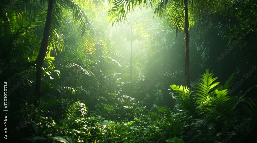 Fototapeta premium Lush green jungle illuminated by sunlight.