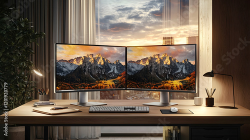 Dual Monitor Setup Stunning Mountain View Workspace
