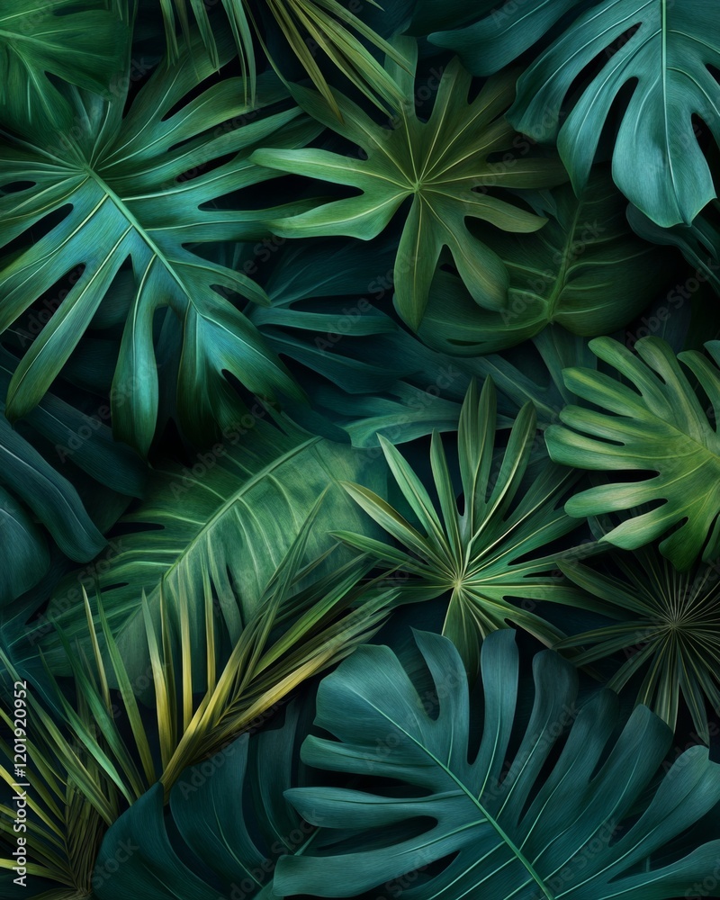 Fototapeta premium Lush green tropical leaves background texture.