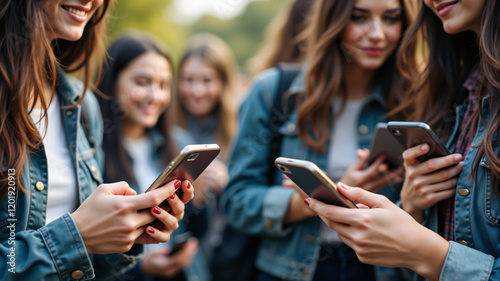 A group of young women in denim jackets engaging with their smartphones in a vibrant outdoor setting. photo