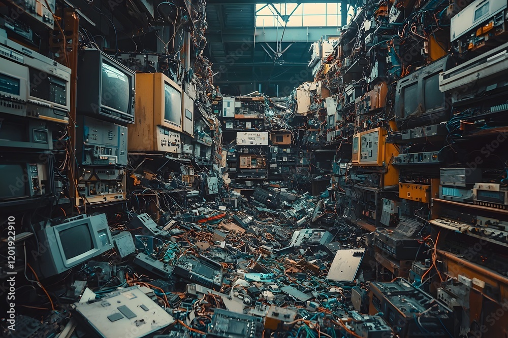 Abandoned E-Waste Processing Plant:Heaps of Crumbling Electronics and Scrap Metal in Intricate Patterns Abandoned E-Waste Processing Plant:Heaps of Crumbling Electronics and Scrap Metal in Intricate Patterns