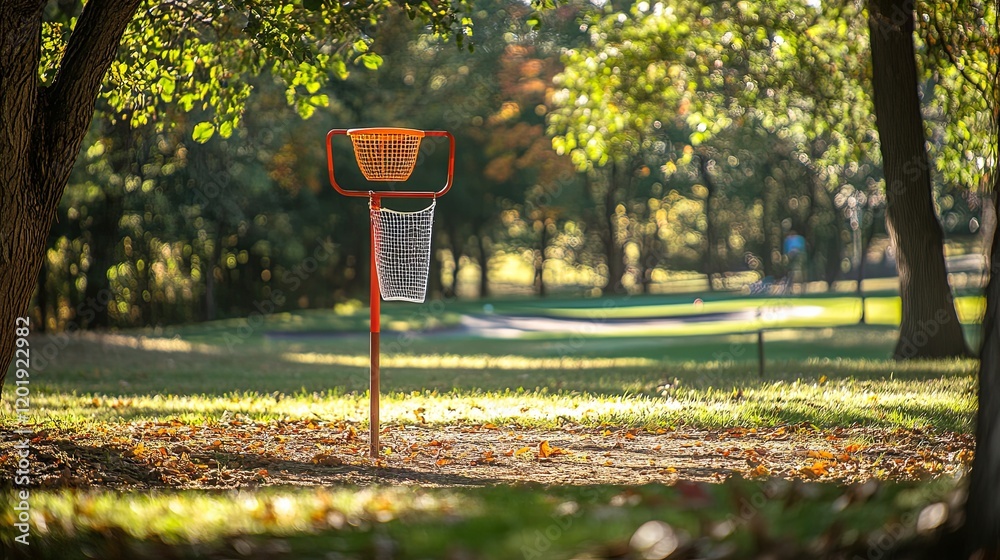 A frisbee golf course with colorful discs and a target basket in a park setting A frisbee golf course with colorful discs and a target basket in a park setting