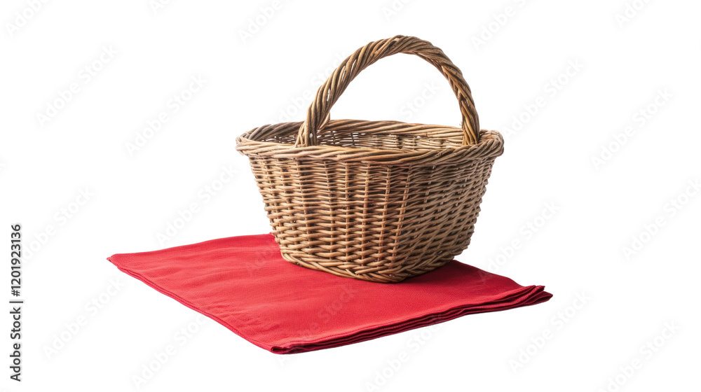 Obraz premium A rustic wicker basket resting on a vibrant red cloth, perfect for showcasing fresh produce or picnic essentials. Ideal for food-themed visuals.