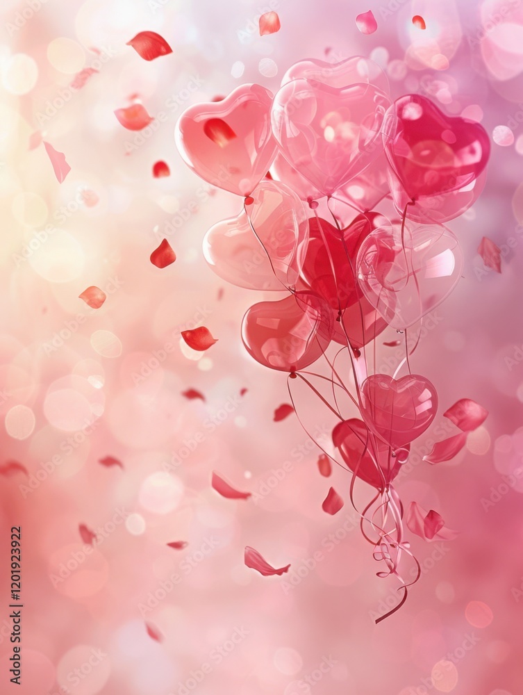 Fototapeta premium Romantic Heart-Shaped Balloons Floating in a Dreamy Pink Sky with Falling Petals