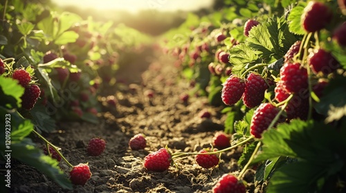 Sunlit Raspberry Farm Row, Summer Harvest. Food Photography.