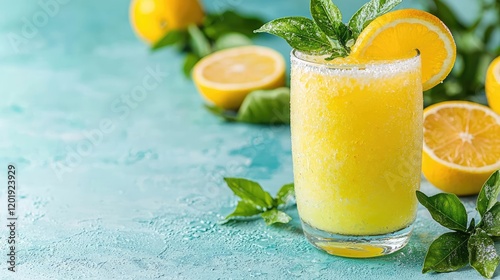 Refreshing orange slushy drink on teal background