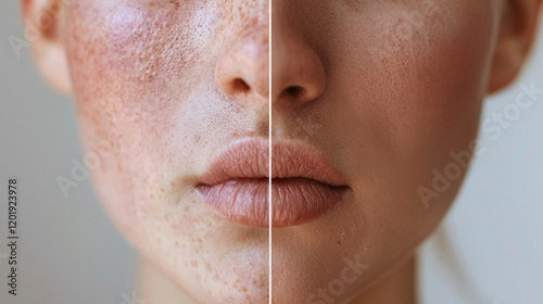 A before-and-after comparison of a patient's skin after IPL (Intense Pulsed Light) therapy. stock image, hd quality,  photo