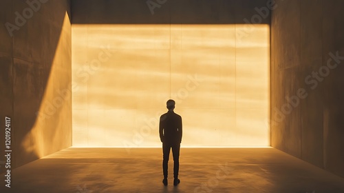 An adult standing in a softly lit room with light creating a peaceful and introspective atmosphere