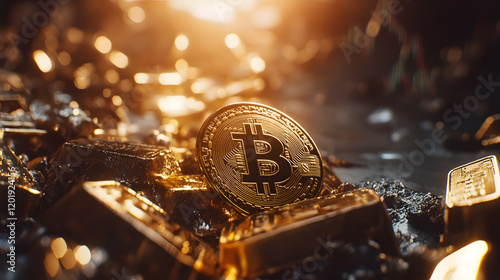 Close-Up of Bitcoin on a Shimmering Surface